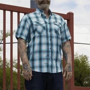 Dixxon Flannel Co Dog Town Blue Plaid Button Down Short Sleeve Shirt Men’s 3X